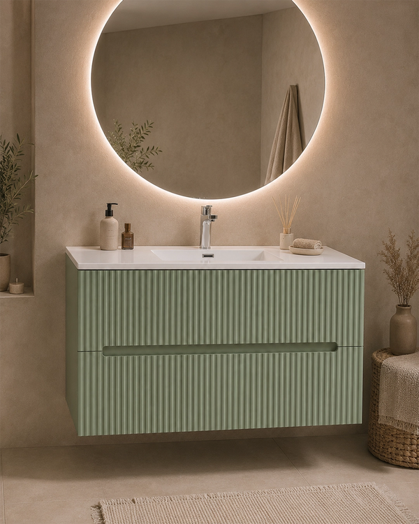 Mobile bagno verde opaco 100x46 cannettato Urbino 2.0 con lavabo in resina