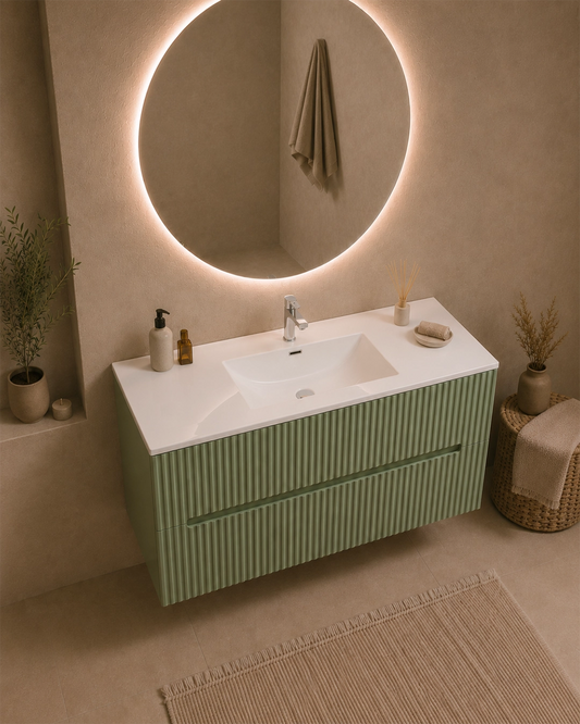 Mobile bagno verde opaco 100x46 cannettato Urbino 2.0 con lavabo in resina