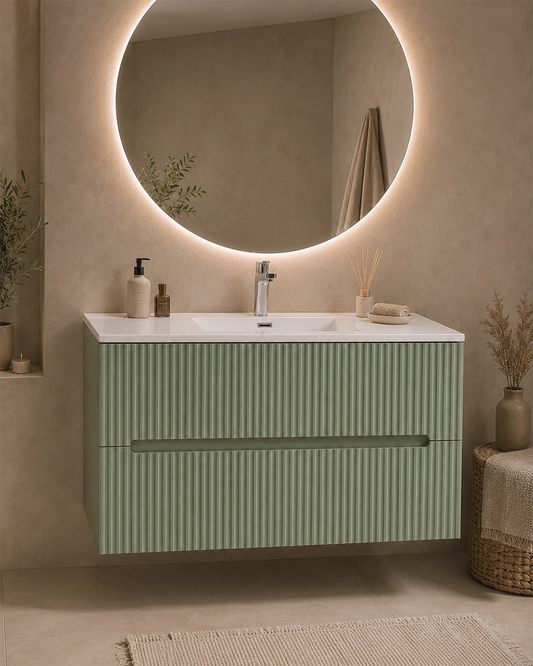 Mobile bagno verde opaco 80x46 cannettato Urbino 2.0 con lavabo in resina