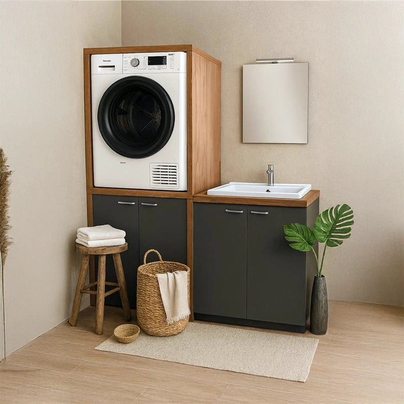 Mobile lavanderia porta lavatrice e asciugatrice con lavatoio e specchio noce grigio Adele