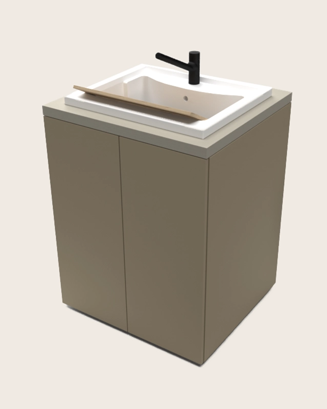 Mobile lavatoio 71x65 con vasca due ante tortora opaco e installato su lavello, vista della bocca e della leva - Exagonshop