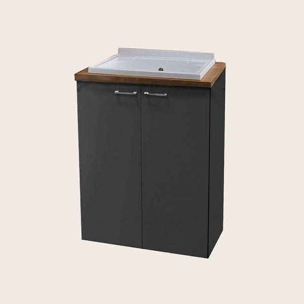 Mobile lavatoio 71x65 con vasca e due ante H 91 grigio in noce e opaco installato su lavello, vista della bocca e della...