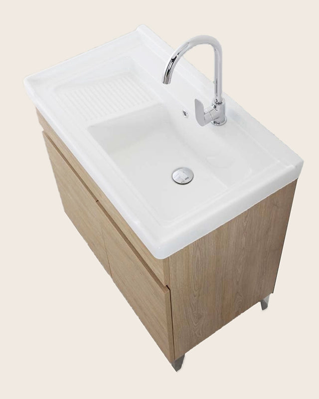 Mobile lavatoio 80x47 rovere con vasca in ceramica, vista laterale della canna girevole - Exagonshop