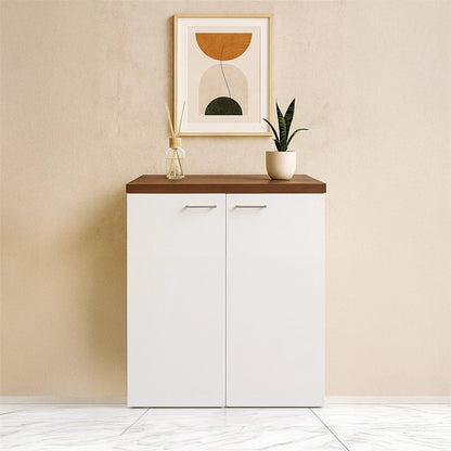 Mobile multiuso 71x65 due ante bianco lucido con top noce