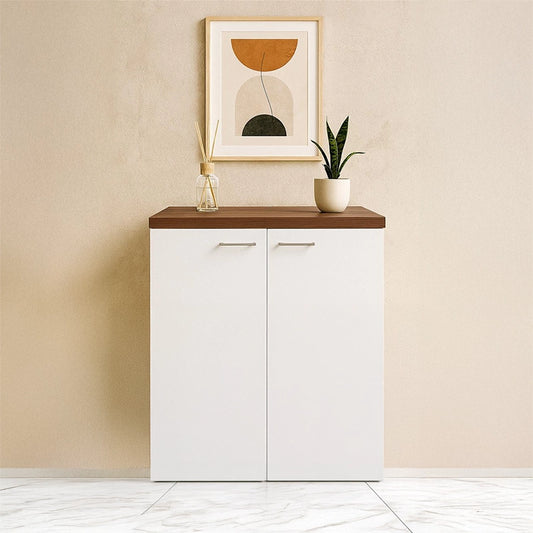 Mobile multiuso 71x65 due ante bianco lucido con top noce