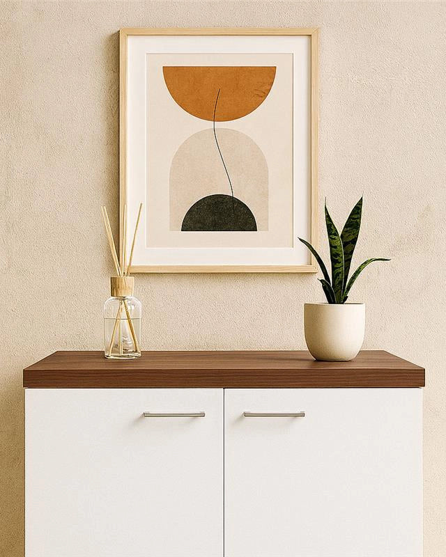Mobile multiuso 71x65 due ante bianco lucido con top noce, dettaglio ravvicinato dei materiali - Exagonshop