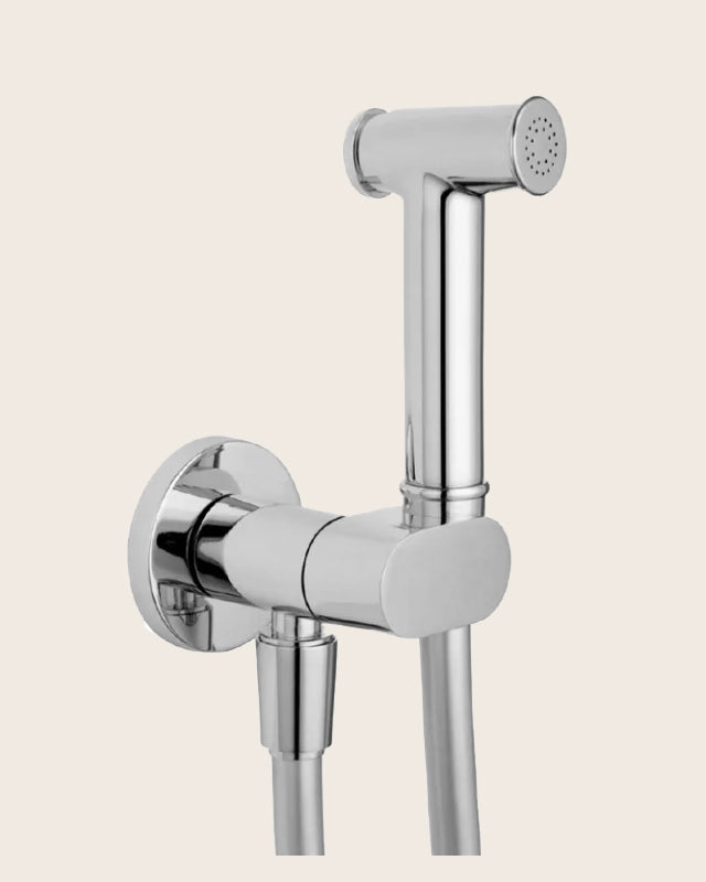 Neptune idroscopino bidet con flessibile silver cromo in lucido e cromato, vista frontale della maniglia e della bocca di...