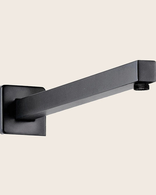 New Line Braccio Doccia 40 Cm Quadro In Ottone Nero Opaco, vista frontale della maniglia e della bocca di erogazione...