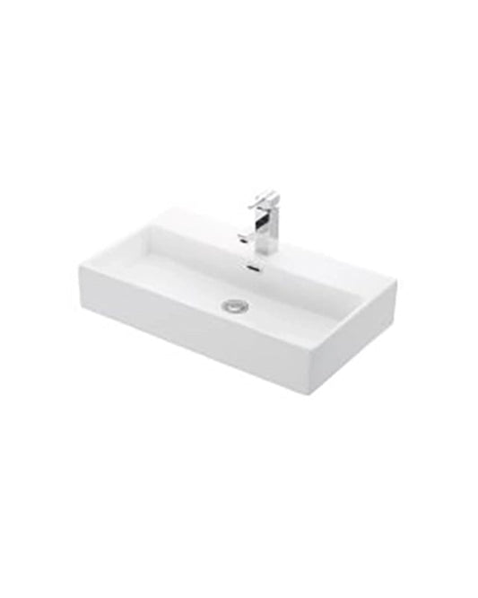 Lavabo 70x41 Da Appoggio In Porcellana Bianco New Line GU3 ambientato su piano bagno con accessori - Exagonshop