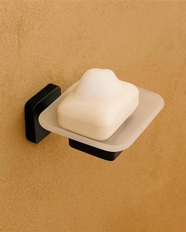 Portasapone a muro In vetro e Acciaio Nero Opaco New Line M3 in acciaio inox montato a parete, vista del design e della...