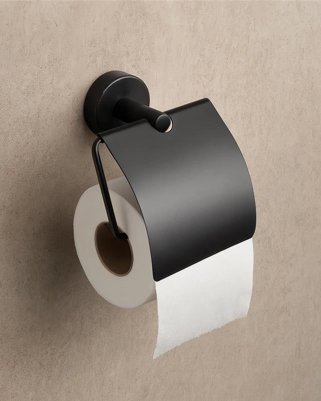 Portarotolo Coperto In Acciaio Inox nero opaco New Line Q3 montato a parete, vista del design e della finitura - Exagonshop