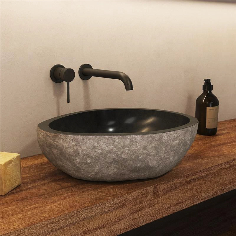 New Line Stone Mirror Lavabo 45x40 ovale Da Appoggio In pietra grigia e Marmo Nero
