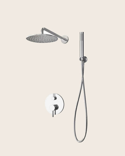 New line set doccia con miscelatore e soffione tondo in acciaio inox e satinato, vista frontale della maniglia e della...