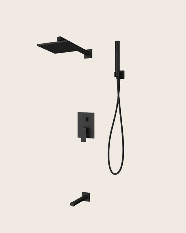 New line set doccia quadro con miscelatore e doccetta nero in opaco, vista frontale della maniglia e della bocca di...
