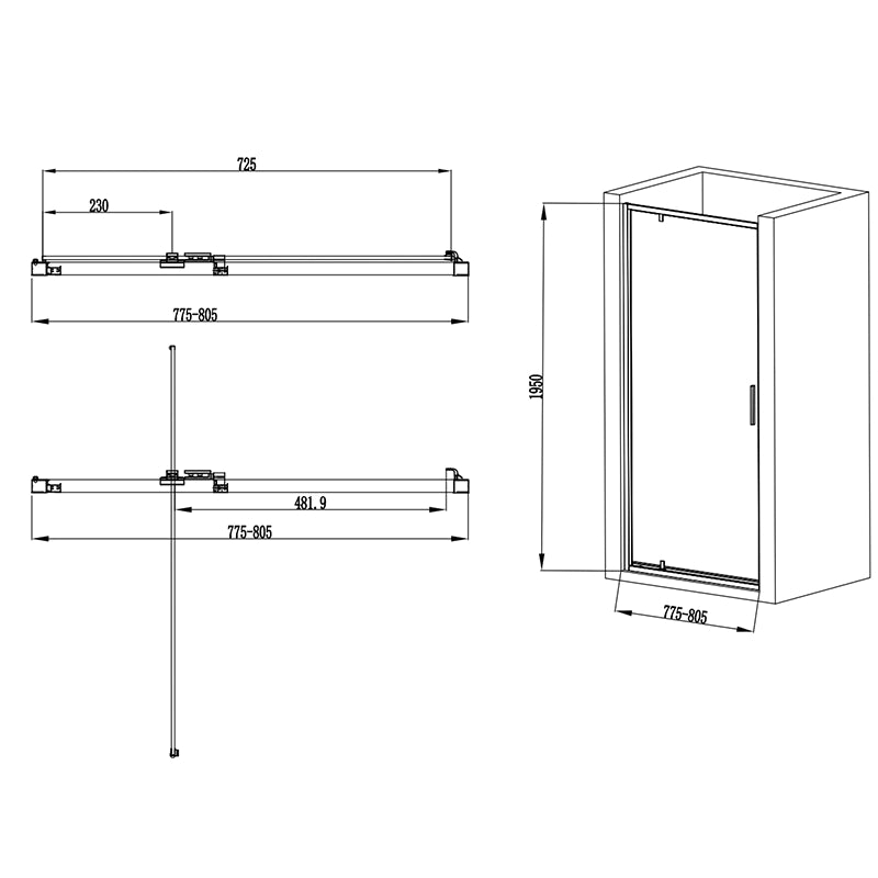 Nicchia doccia 80 cm Rio a pivot vetro 6 mm trasparente H installato in bagno moderno con ante in vetro temperato...