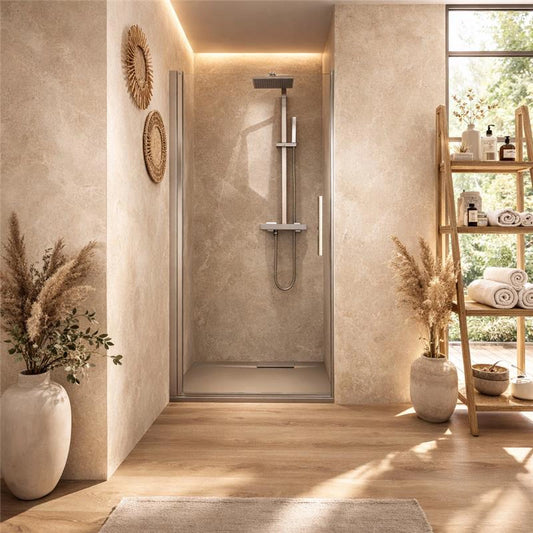 Nicchia doccia 100 cm a battente in vetro temperato 6 mm Cromo Lucido installato in bagno moderno con ante in vetro...