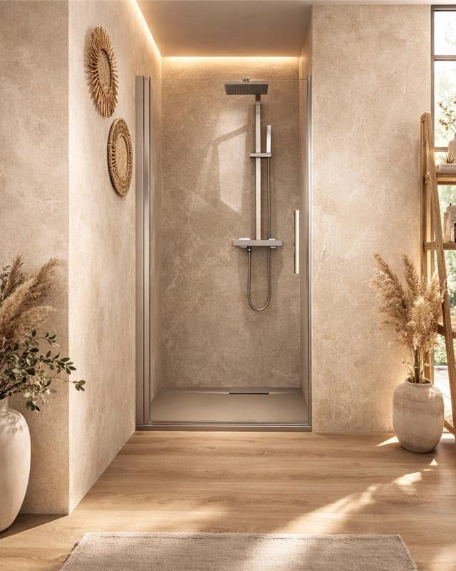 Nicchia doccia 100 cm a battente in vetro temperato 6 mm Cromo Lucido installato in bagno moderno con ante in vetro...