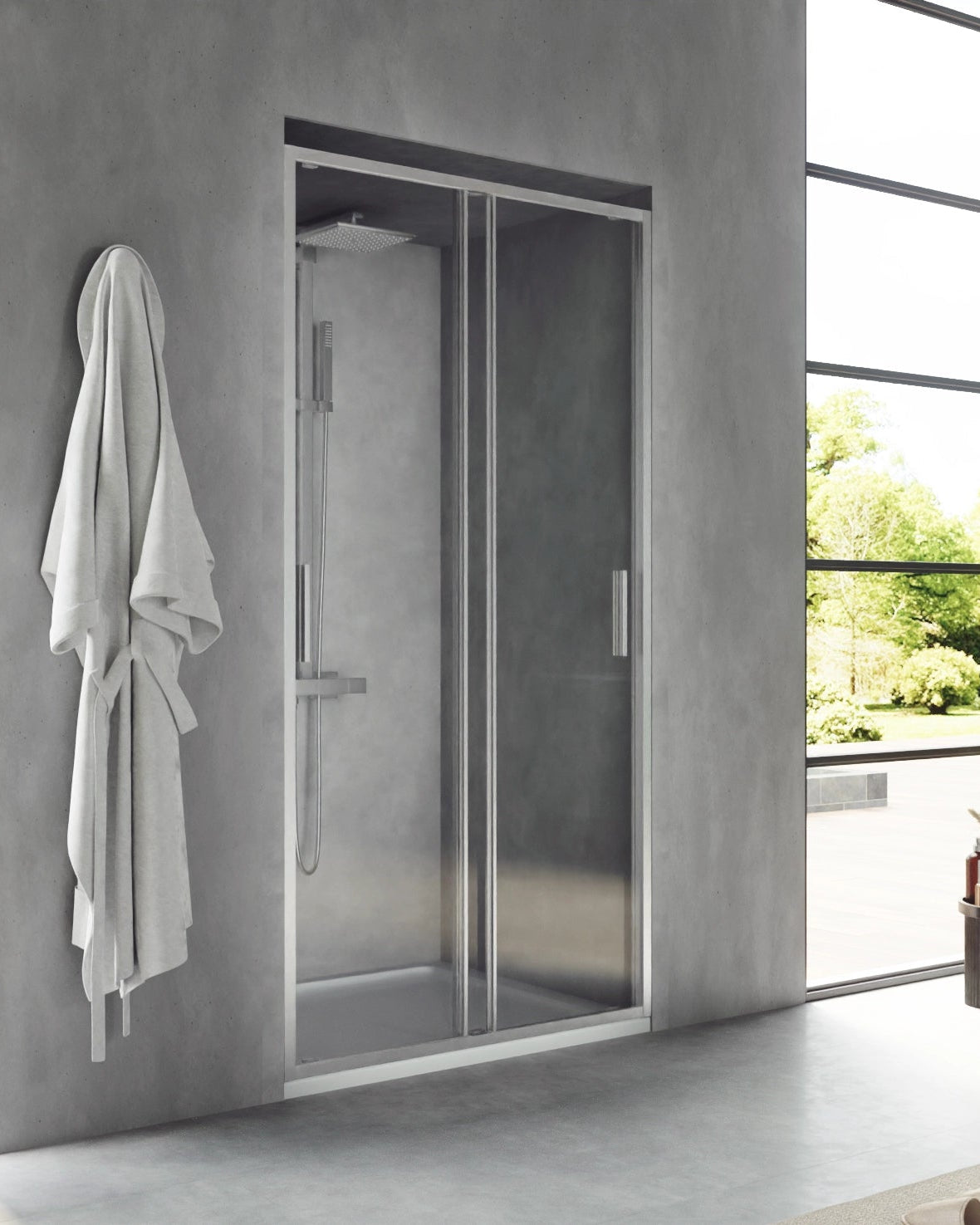 Nicchia doccia 100 scorrevole Rio vetro 6 mm trasparente H in alluminio installato in bagno moderno con ante in vetro...