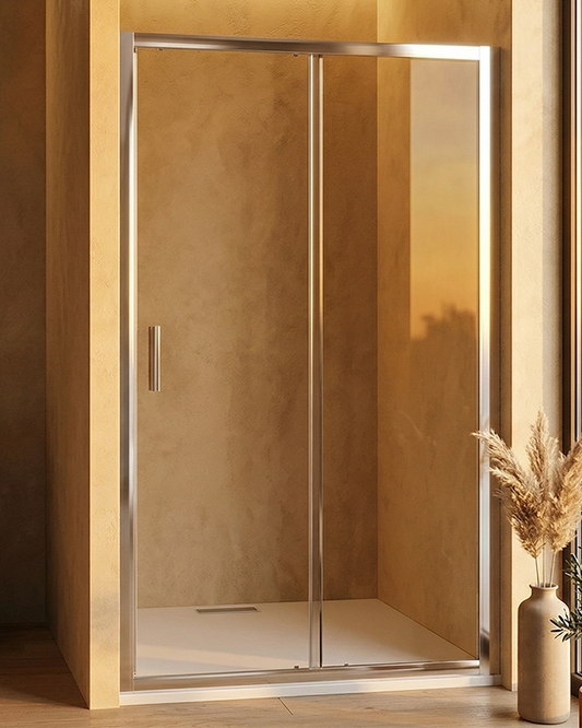 Nicchia doccia 140 cm scorrevole vetro trasparente 6 mm 190 Cromo in naturale installato in bagno moderno con ante in...