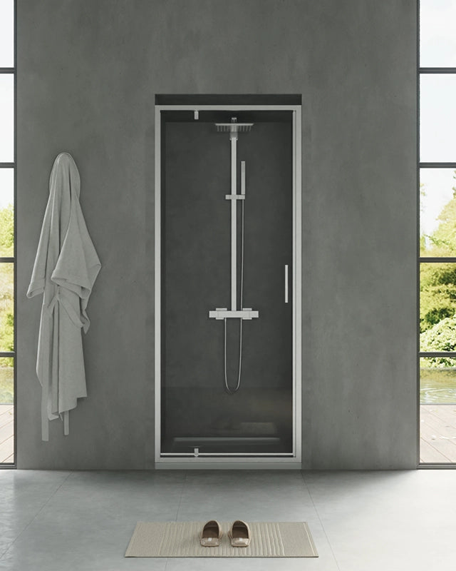 Nicchia doccia 80 cm Rio a pivot vetro 6 mm trasparente H, dettaglio dei profili e delle cerniere in alluminio - Exagonshop