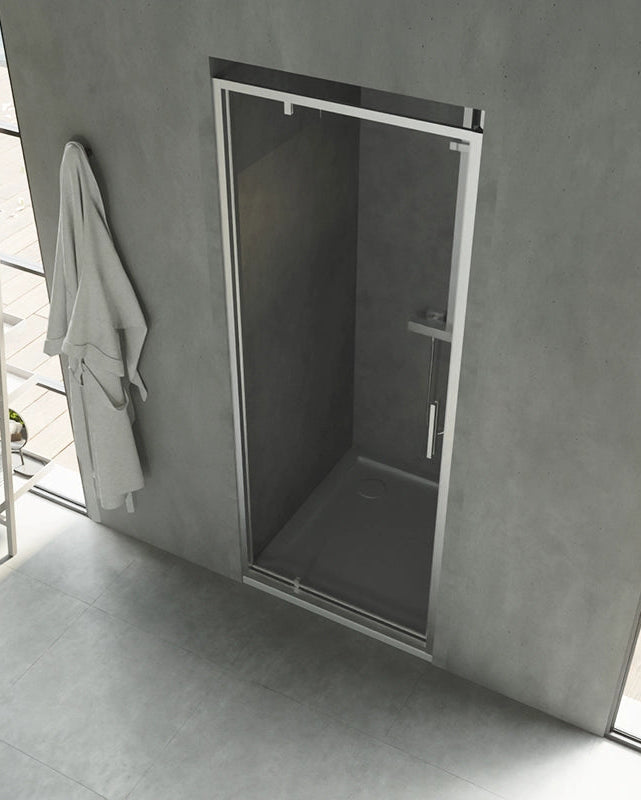 Nicchia doccia 80 cm Rio a pivot vetro 6 mm trasparente H installato in bagno moderno con ante in vetro temperato...