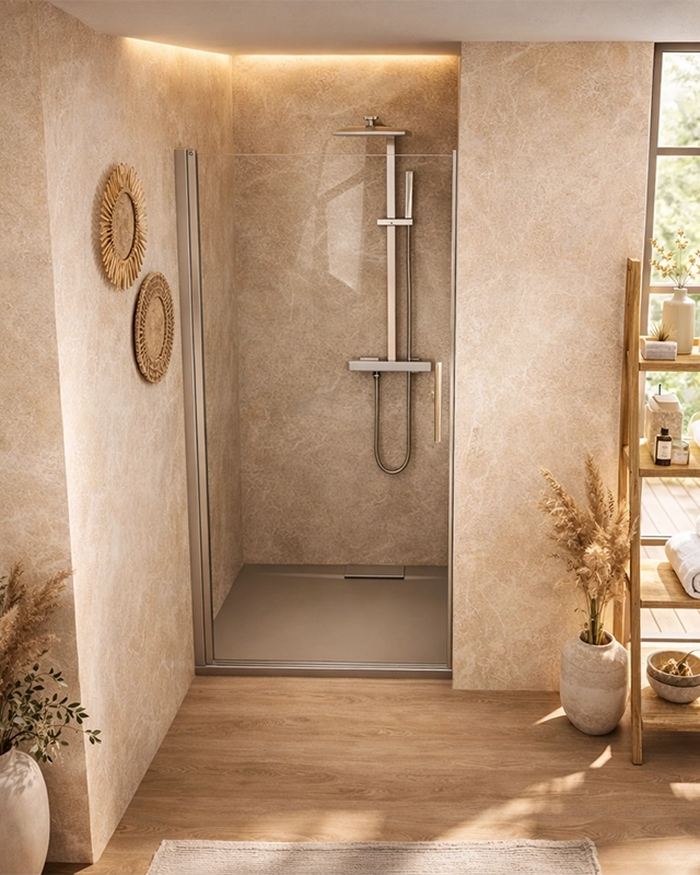 Nicchia doccia 80 cm a battente in vetro temperato 6 mm 195 Cromo Lucido, dettaglio dei profili e delle cerniere in...