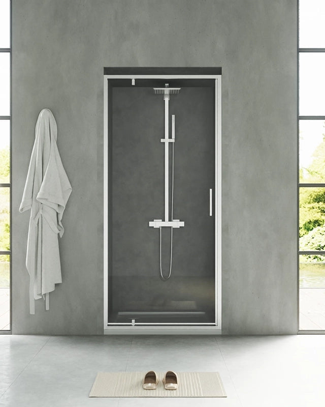 Nicchia doccia 90 cm Rio a pivot vetro 6 mm trasparente H, dettaglio dei profili e delle cerniere in alluminio - Exagonshop
