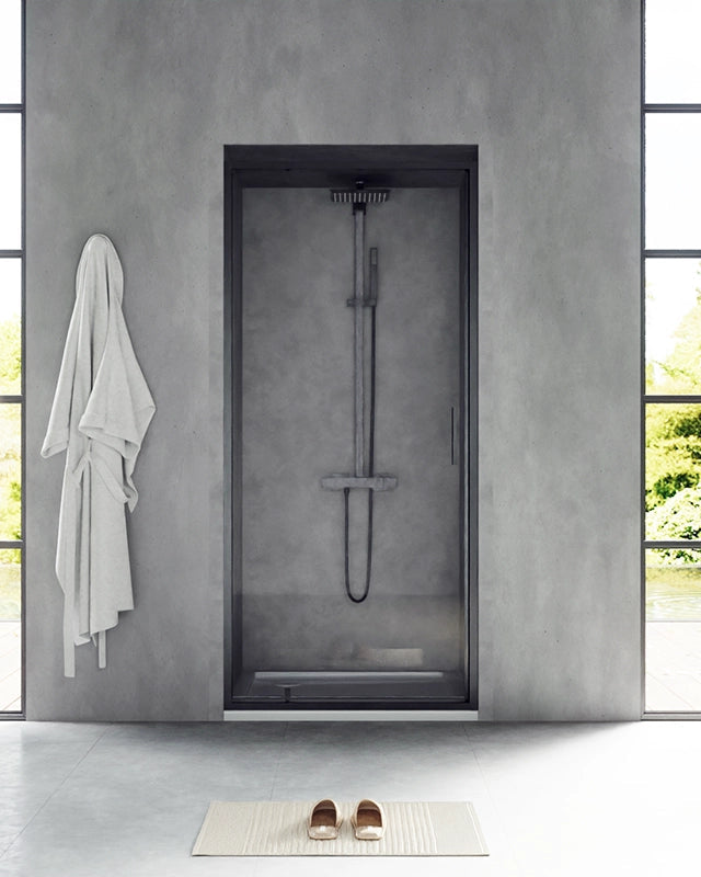 Nicchia doccia 90 cm Rio a pivot vetro 6 mm trasparente H, dettaglio dei profili e delle cerniere in alluminio - Exagonshop