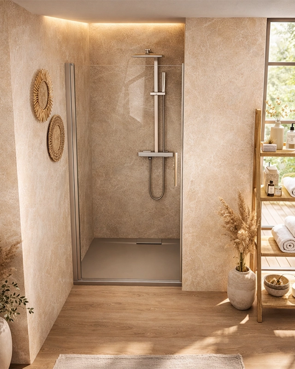 Nicchia doccia 90 cm battente in vetro temperato 6 mm 195 H Cromato Lucido in naturale installato in bagno moderno con...
