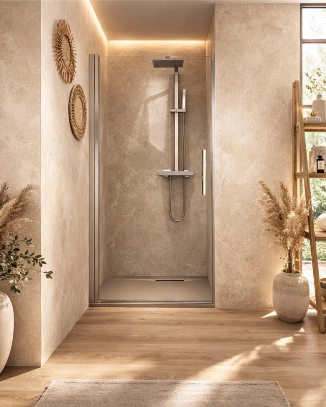 Nicchia doccia 90 cm battente in vetro temperato 6 mm 195 H Cromato Lucido, dettaglio dei profili e delle cerniere in...