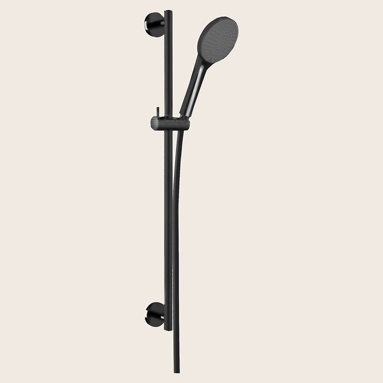 Paffoni Life Ginevra asta doccia 75 cm con saliscendi nero in opaco, vista frontale della maniglia e della bocca di...