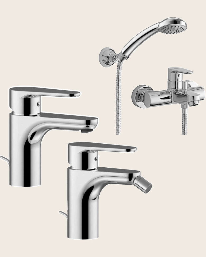 Paffoni Rubinetterie Green set Miscelatore Lavabo Bidet E in ottone e cromato visto dall'alto con superficie e piletta di...