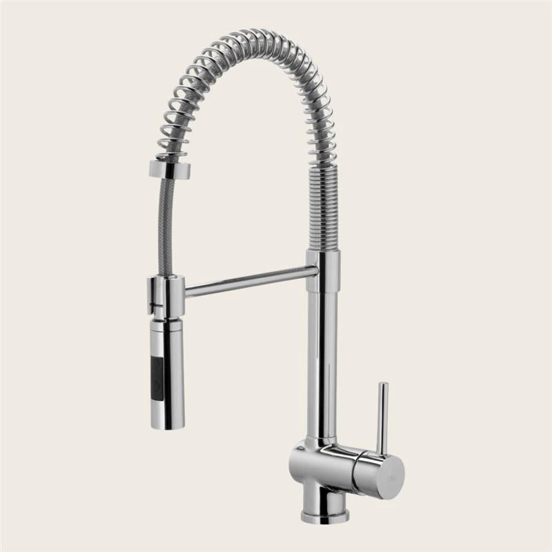 Paffoni STICK Miscelatore lavello 2 getti orientabile steel Cromo installato su lavello, vista della bocca e della leva