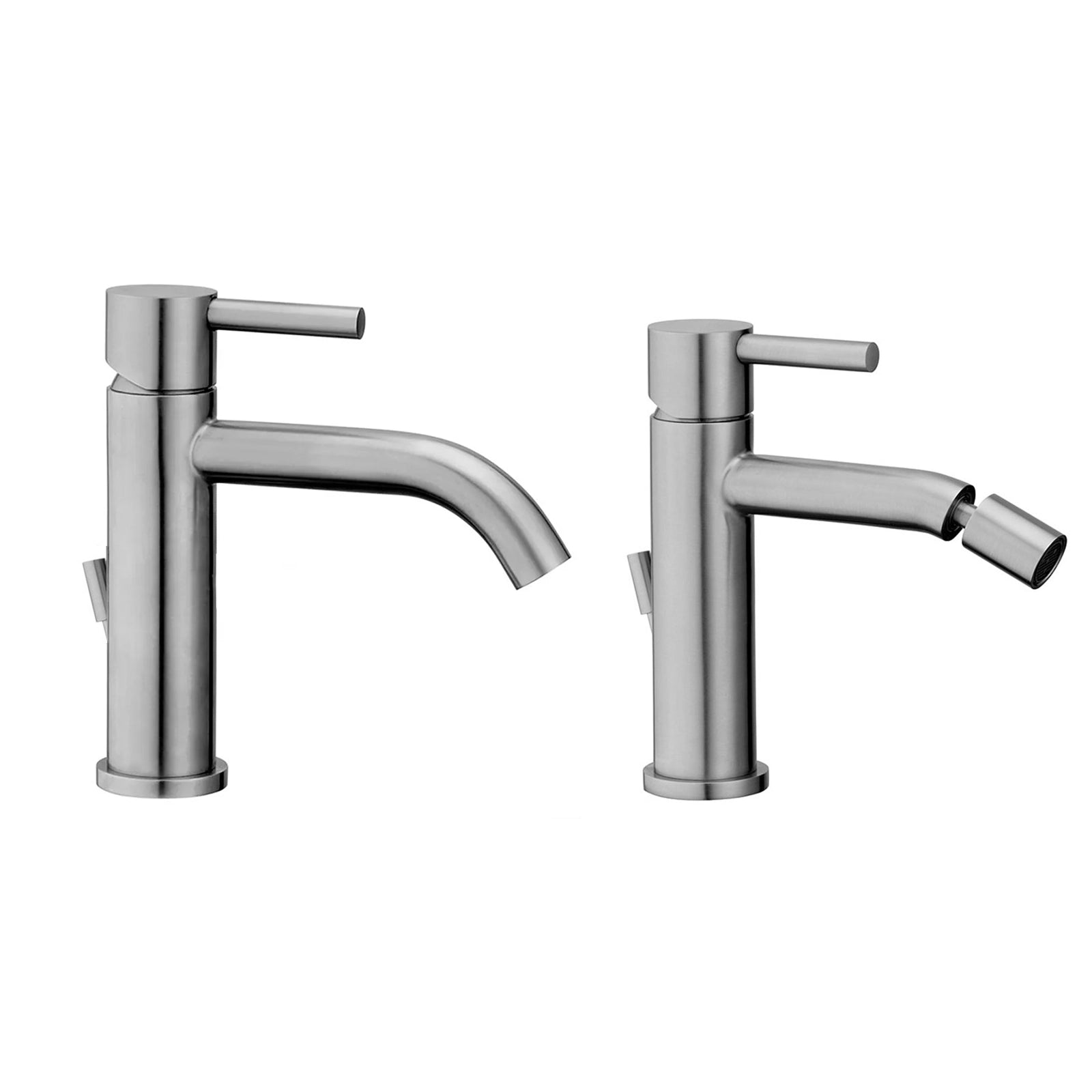 Paffoni Steel coppia Miscelatori Lavabo E Bidet in acciaio, vista frontale su sfondo bianco