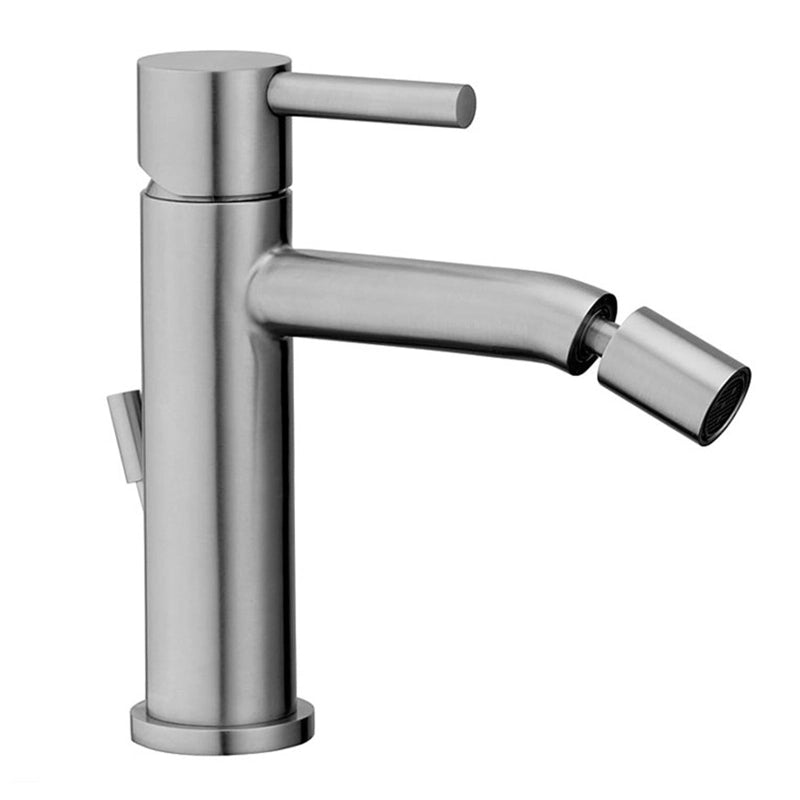 Paffoni Steel miscelatore bidet acciaio con scarico, dettaglio ravvicinato della finitura e del marchio