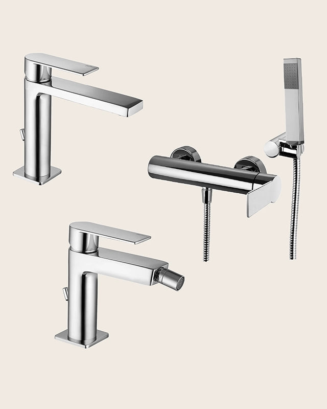 Paffoni Tango set Miscelatori Lavabo Bidet scarico Cromo Lucido visto dall'alto con superficie e piletta di scarico