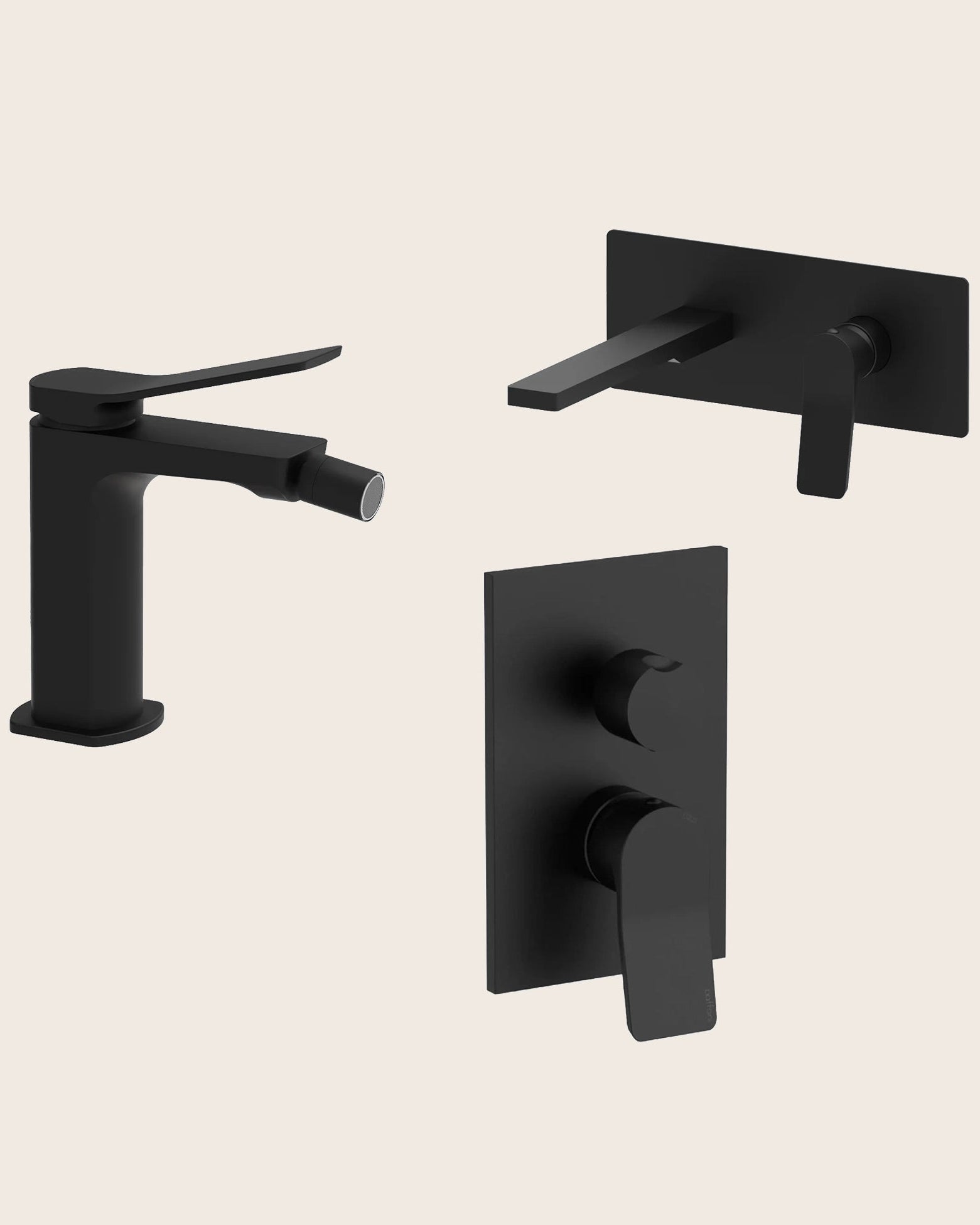 Paffoni Tilt set rubinetteria lavabo a muro bidet e doccia visto dall'alto con superficie e piletta di scarico