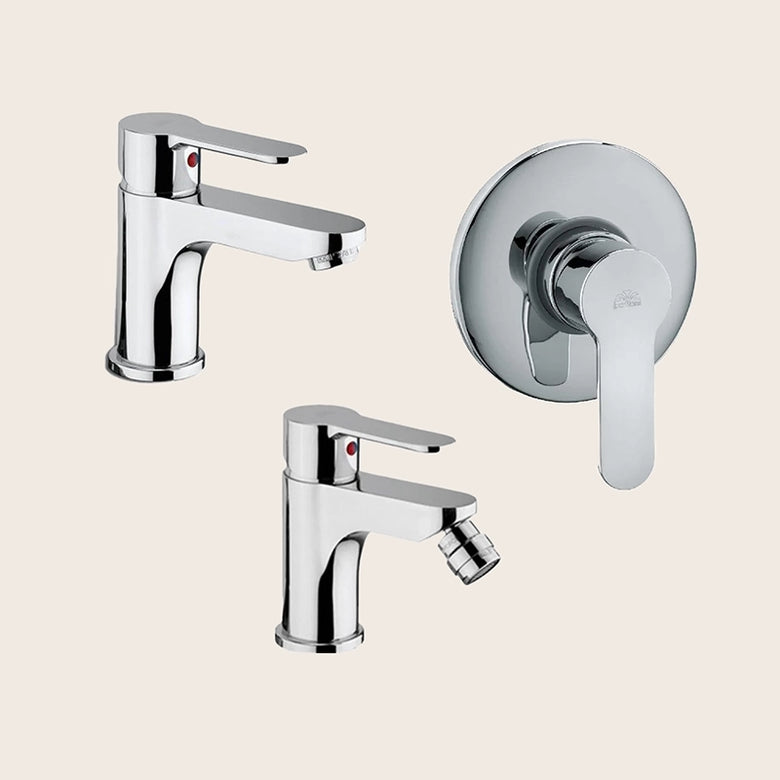 Paffoni blu set miscelatori lavabo bidet con scarico Cromo Lucido visto dall'alto con superficie e piletta di scarico