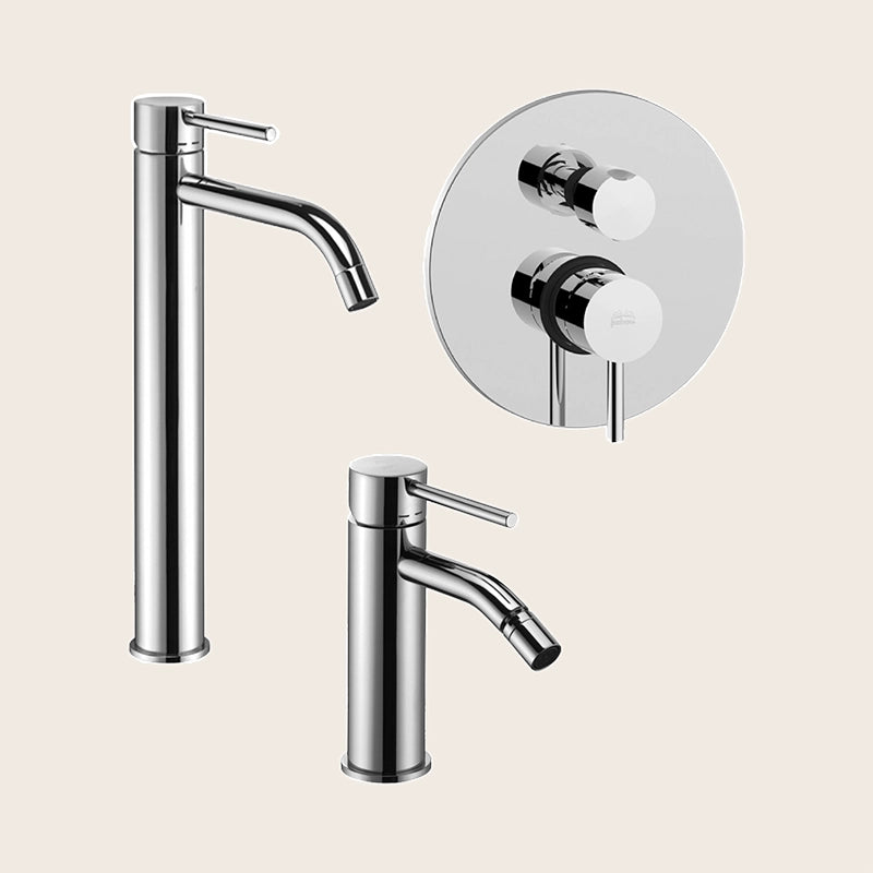 Paffoni light set miscelatori lavabo alto bidet e doccia 2 Cromo Lucido visto dall'alto con superficie e piletta di scarico