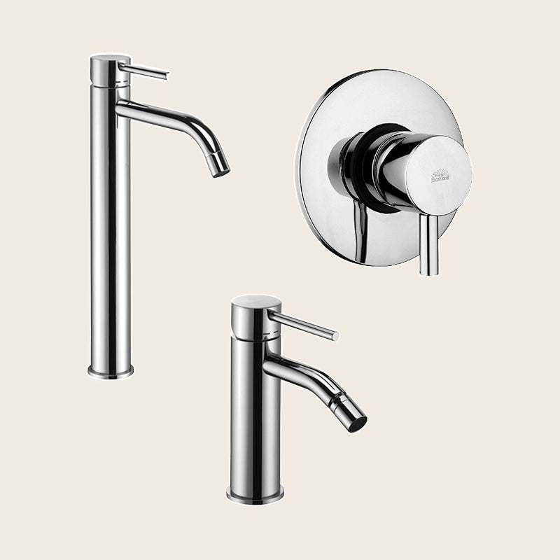 Paffoni light set miscelatori lavabo alto bidet senza Cromo Lucido visto dall'alto con superficie e piletta di scarico