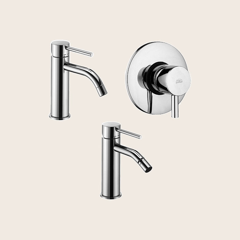 Paffoni light set miscelatori lavabo bidet senza scarico e Cromo Lucido visto dall'alto con superficie e piletta di scarico