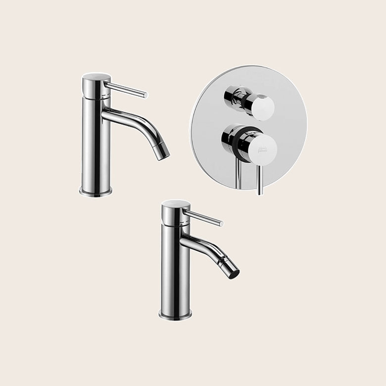 Paffoni light set miscelatori lavabo bidet senza scarico e Cromo Lucido visto dall'alto con superficie e piletta di scarico