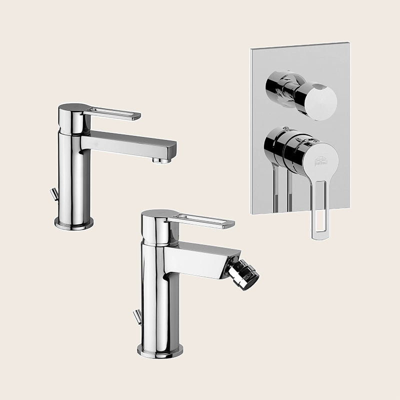 Paffoni ringo set miscelatori lavabo bidet scarico visto dall'alto con superficie e piletta di scarico
