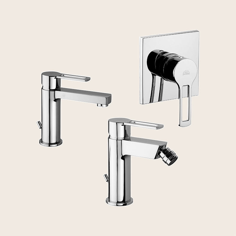 Paffoni ringo set miscelatori lavabo bidet scarico Cromo Lucido visto dall'alto con superficie e piletta di scarico