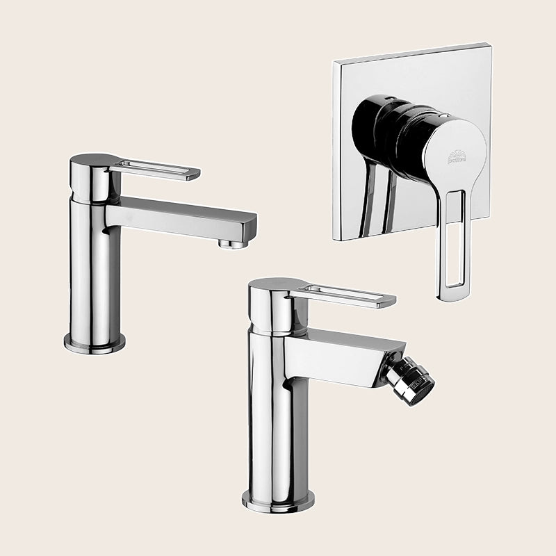 Paffoni ringo set miscelatori lavabo bidet senza scarico e Cromo Lucido visto dall'alto con superficie e piletta di scarico