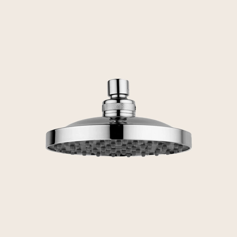 Paffoni soffione doccia 15 cm tondo 8 mm in abs cromo in cromato, vista frontale della maniglia e della bocca di erogazione
