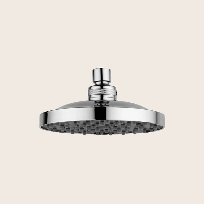 Paffoni soffione doccia 15 cm tondo 8 mm in abs cromo in cromato, vista frontale della maniglia e della bocca di erogazione