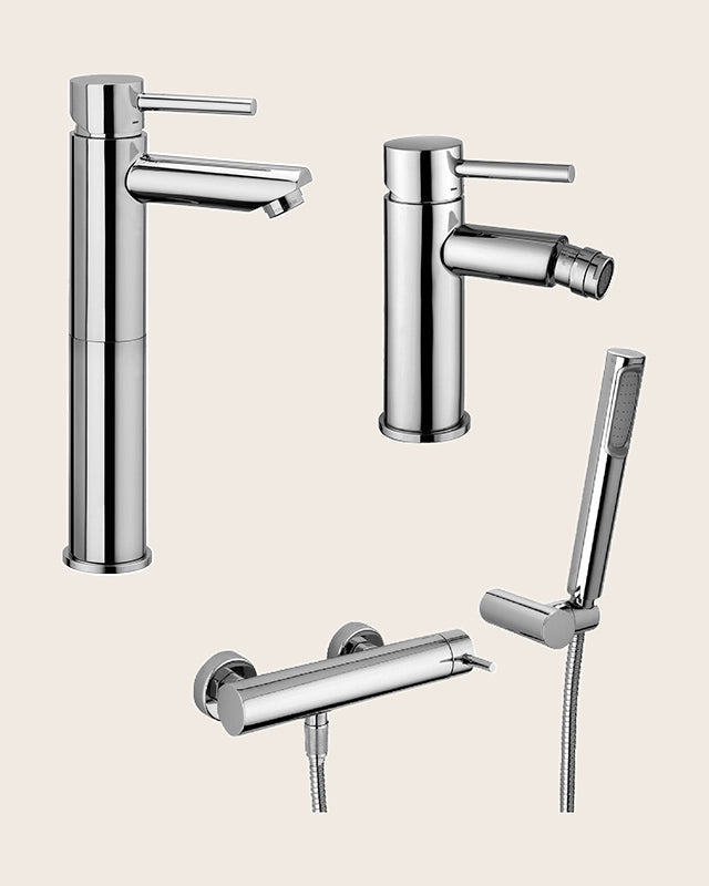 Paffoni stick set miscelatori lavabo alto bidet senza Cromo Lucido visto dall'alto con superficie e piletta di scarico