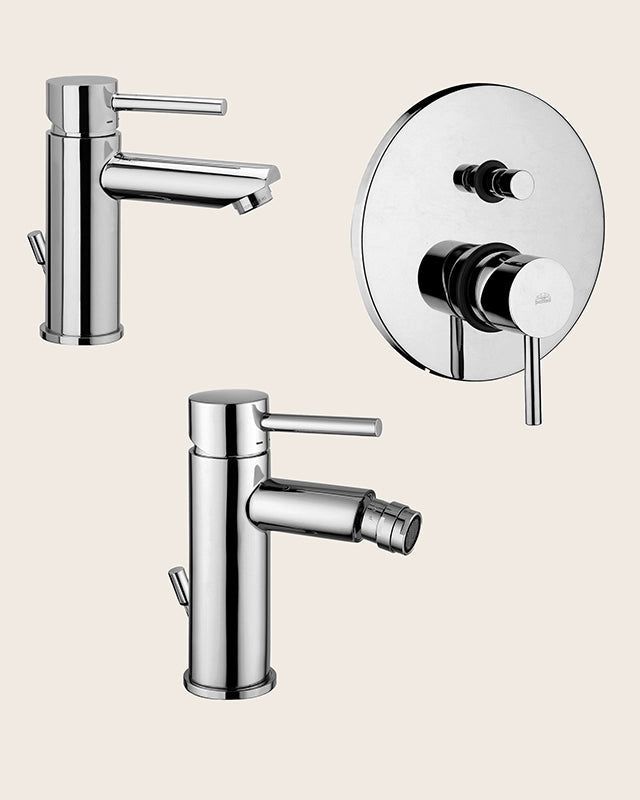 Paffoni stick set miscelatori lavabo bidet scarico Cromo Lucido visto dall'alto con superficie e piletta di scarico