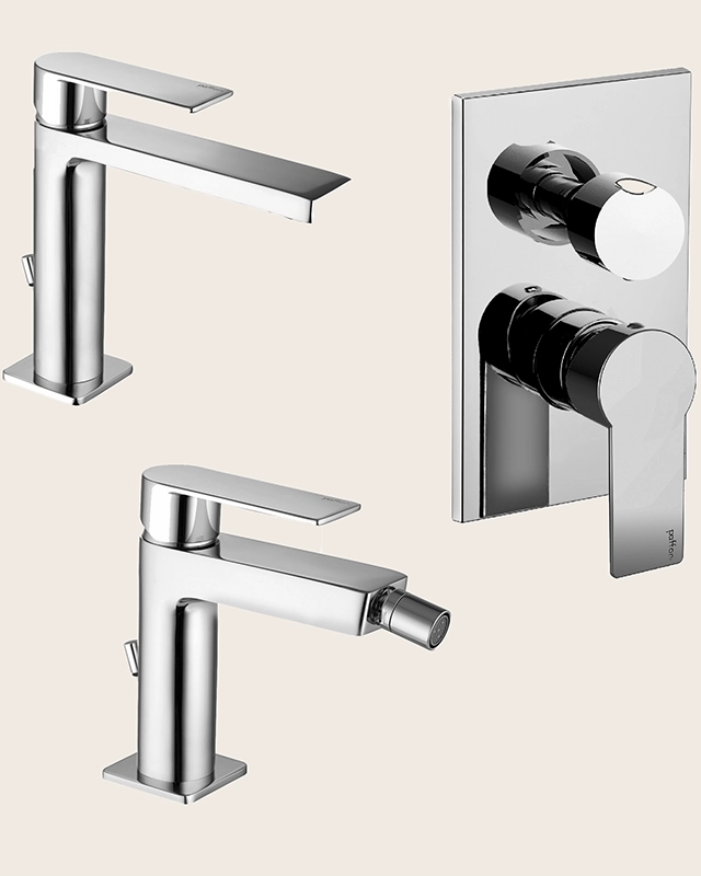 Paffoni tango set miscelatori lavabo bidet scarico Cromo Lucido visto dall'alto con superficie e piletta di scarico